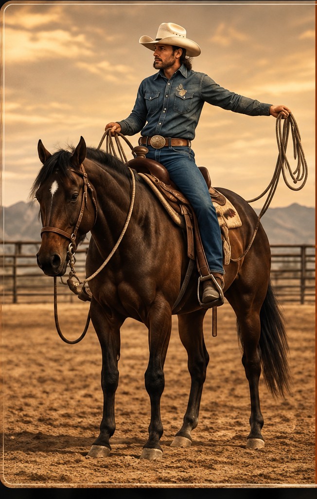 A rider working a saddled horse in an arena at golden hour.