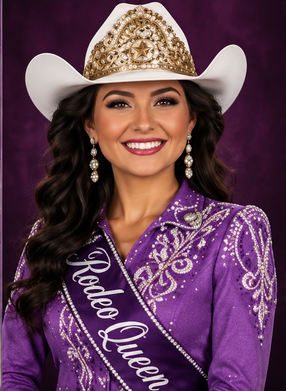 A rodeo queen in a crowned white hat and sash.